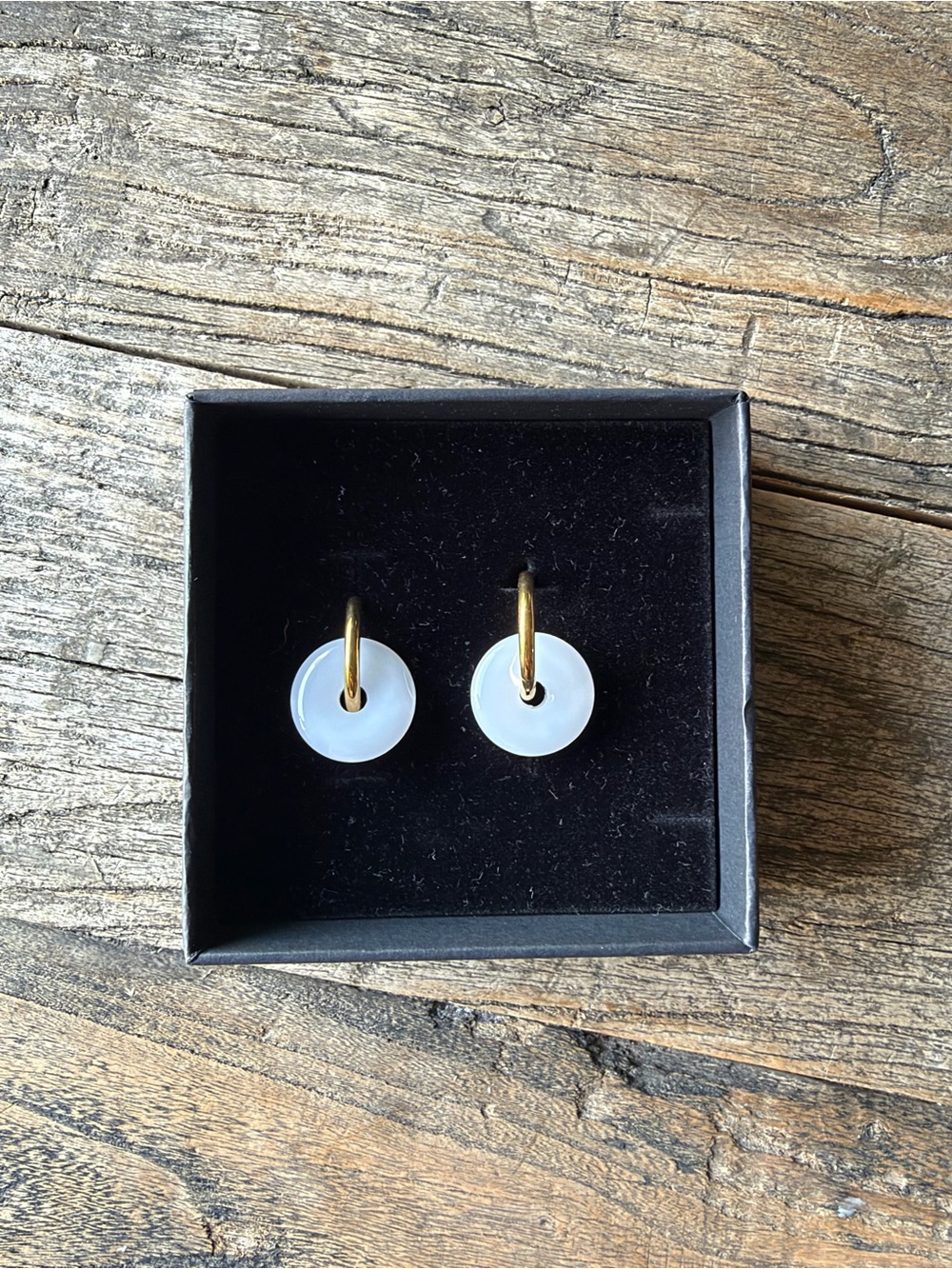 Gold Hoop Earrings with White Disc Charms - Women's Jewelry